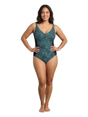 Gabar Twist Bra One Piece Swimsuit Aqua Leopard Size 8 NWT